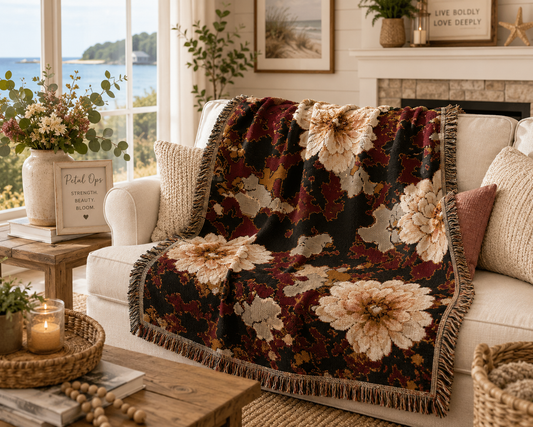 Floral Woven Blanket — Vintage Rose Tapestry Throw