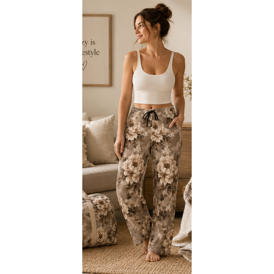 Floral Sepia Lounge Pajama Pants — Women's Cozy Wide-Leg Sleepwear