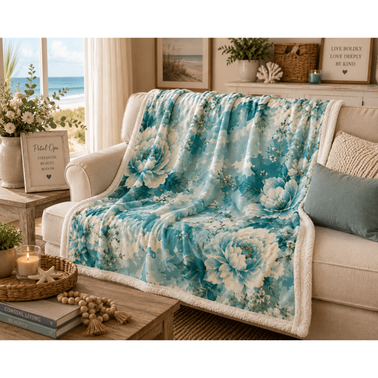 Teal Floral Velveteen Plush Blanket – Soft Vintage Peony Throw