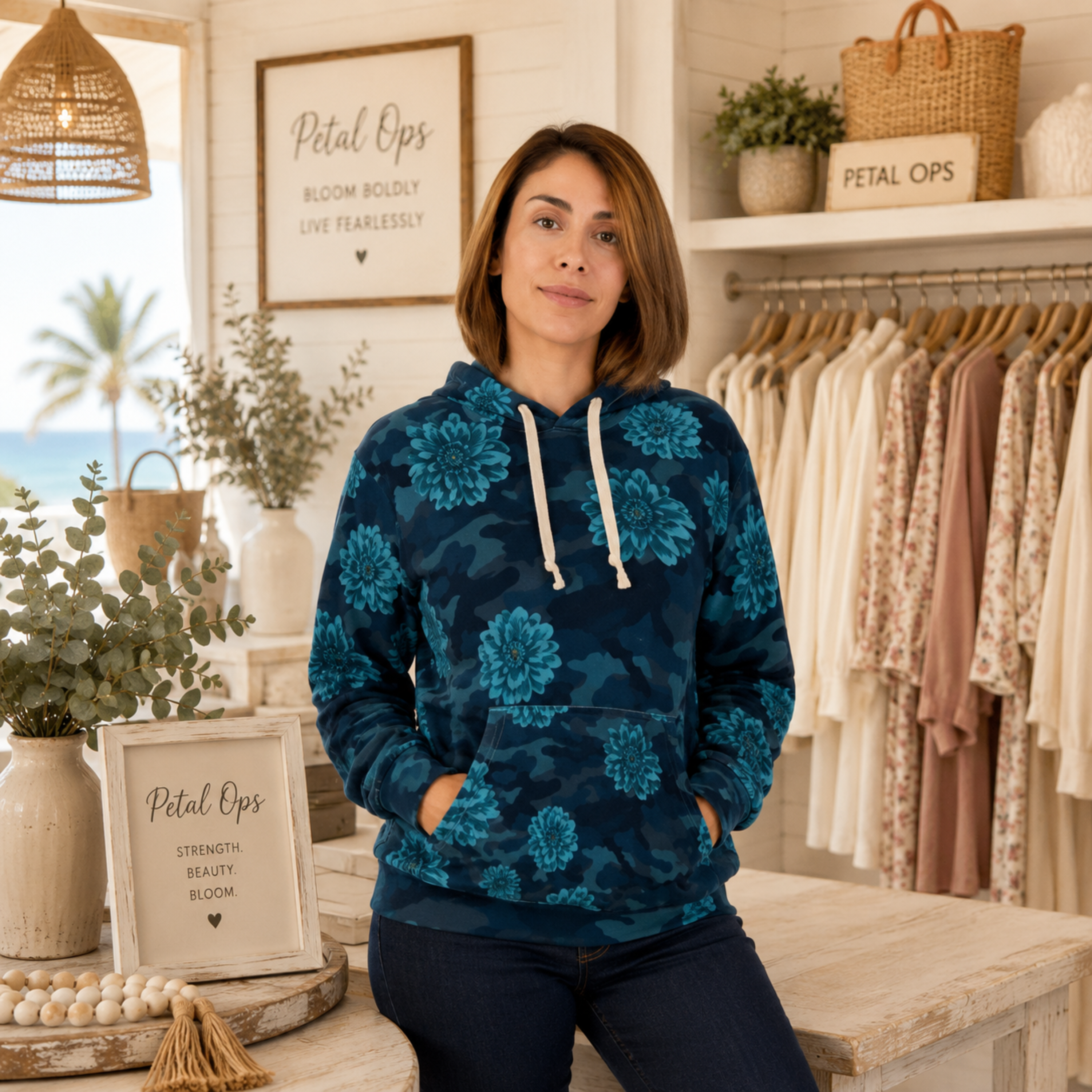 Blue Camouflage Floral Hoodie – Teal Chrysanthemum All-Over Print Pullover