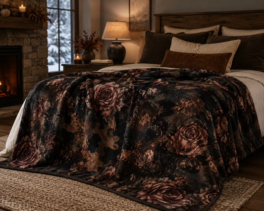 Velveteen Plush Blanket - Vintage Dark Floral Camouflage Throw for Cozy Home Décor
