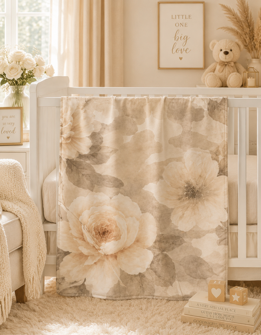 Neutral Watercolor Floral Baby Swaddle Blanket — Soft Beige Nursery Wrap
