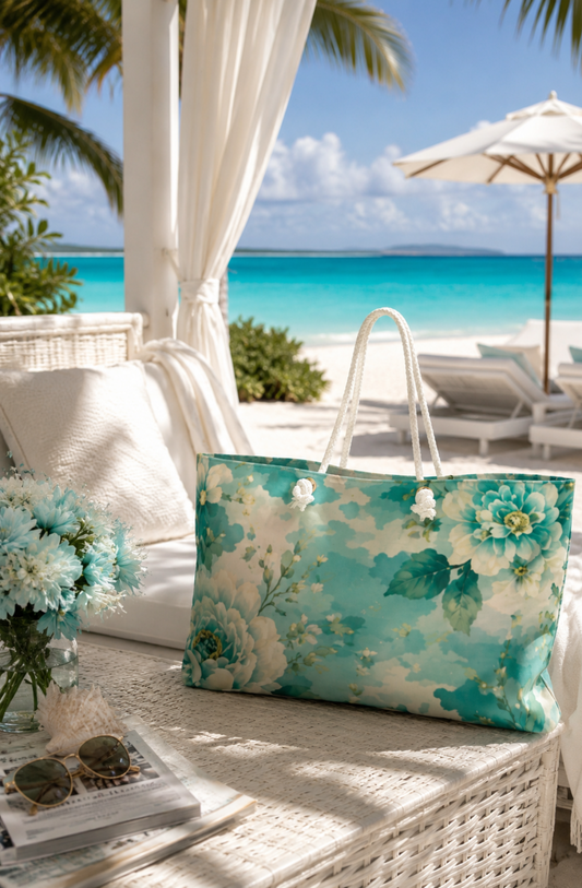 Teal Floral Weekender Bag — Large Romantic Travel Tote