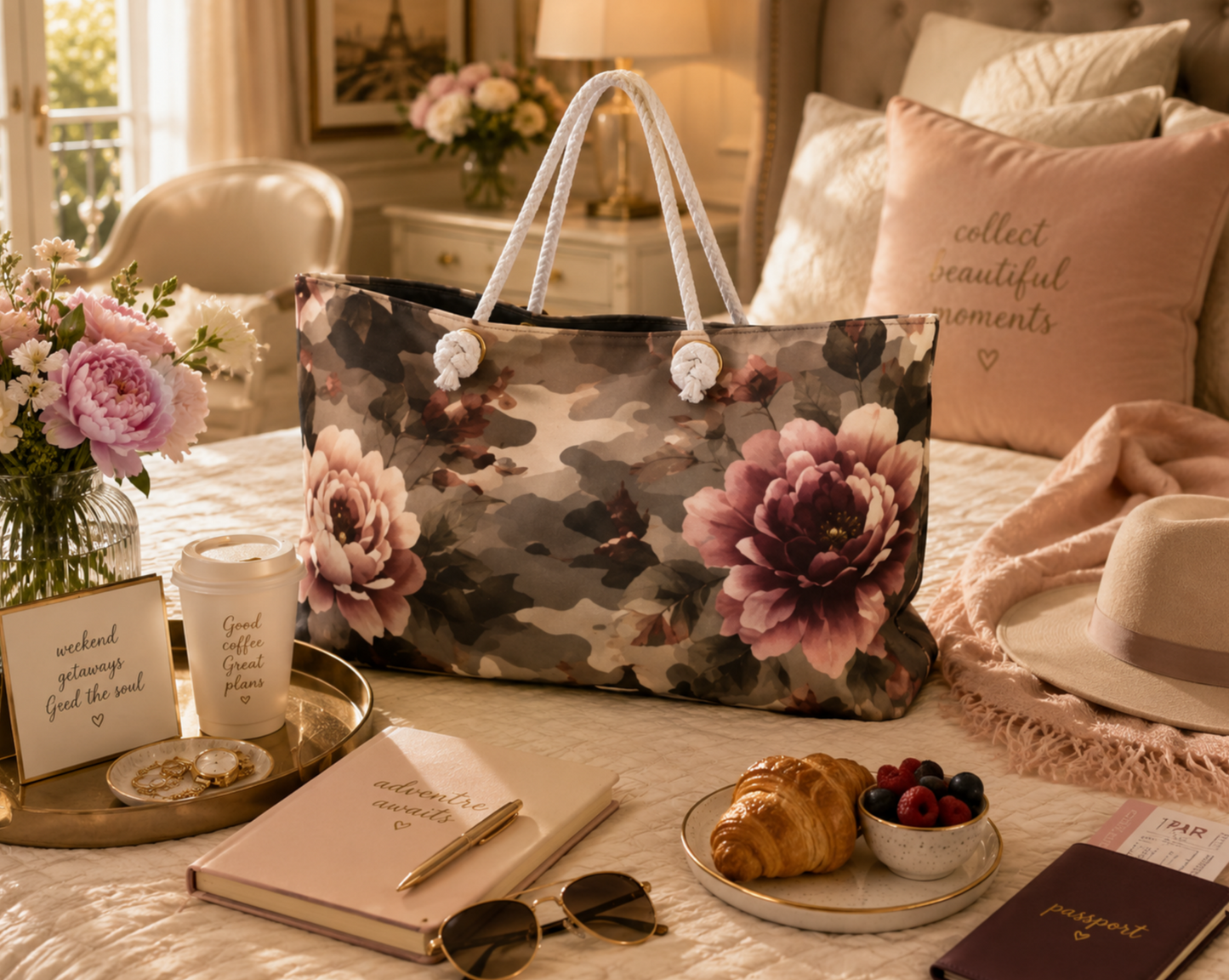Floral Camo Weekender Bag — Taupe Rose Travel Tote