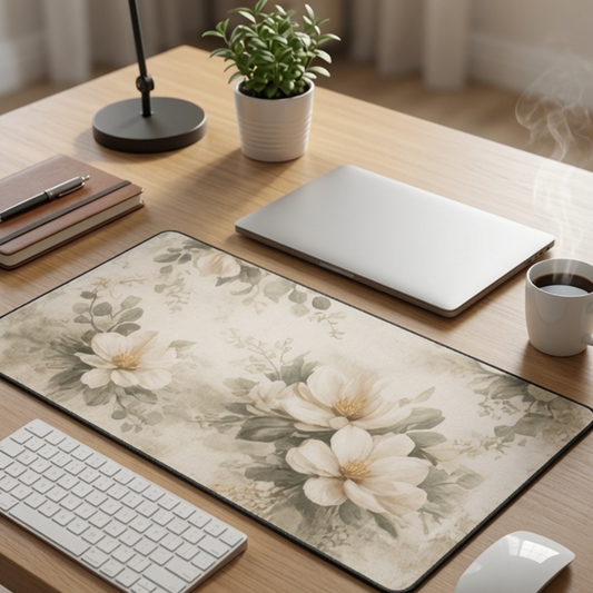 Floral Magnolia Desk Mat — Large Vintage Botanical Mouse Pad