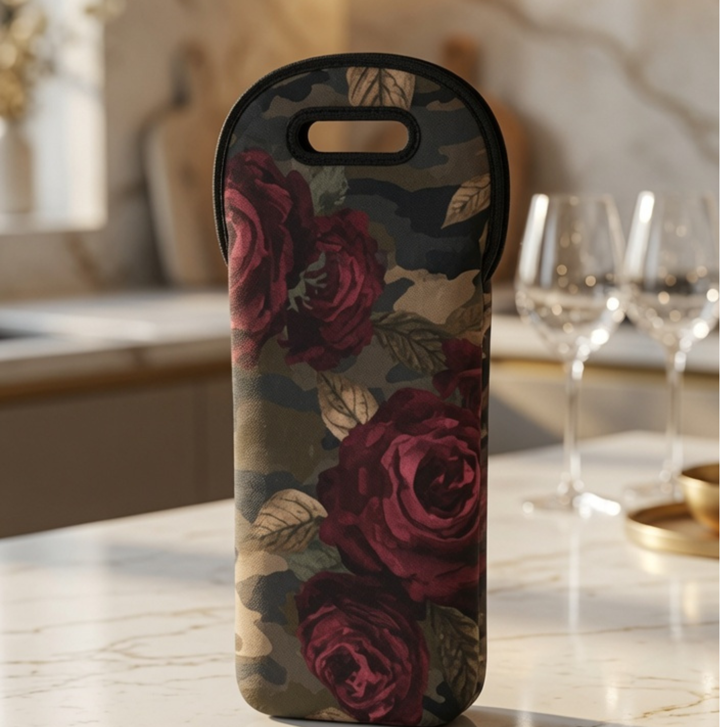 Floral Noir Wine Tote — Insulated Purple Blossom Bottle Carrier