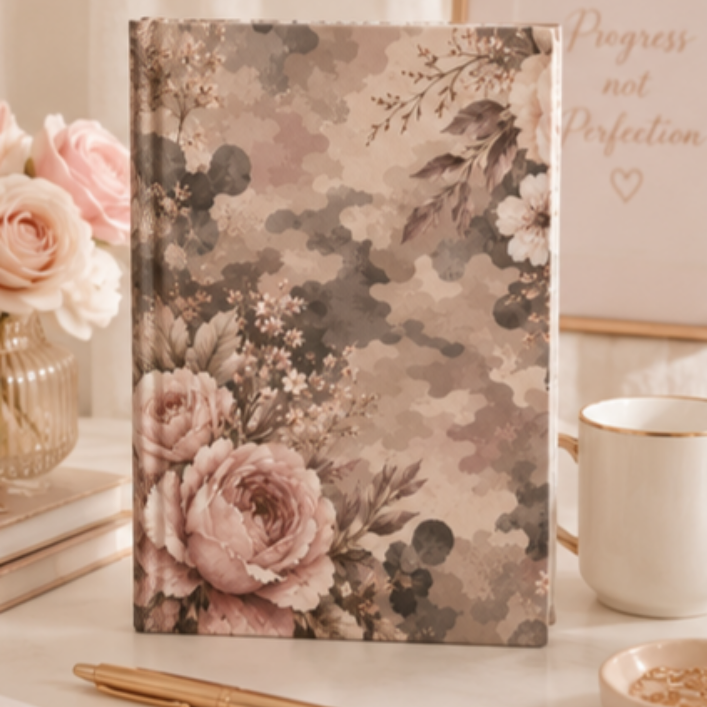 Floral Camouflage Ruled Journal — Vintage Peach Roses Lined Notebook