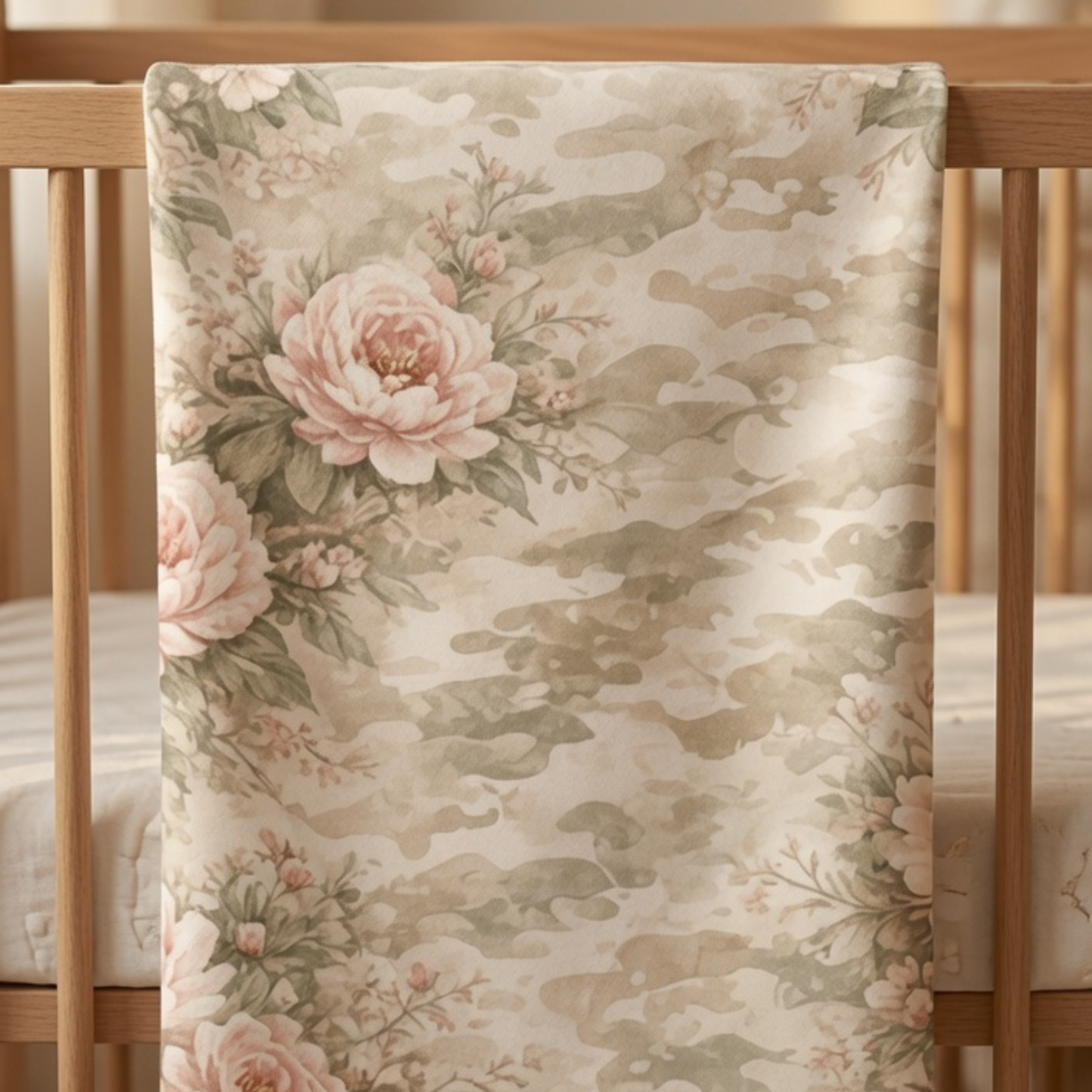 Floral Camo Baby Swaddle Blanket — Soft Blush Peony Nursery Wrap