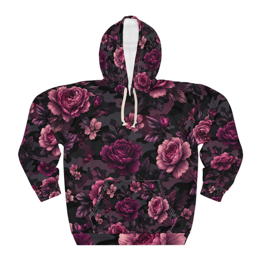 Floral Camo Hoodie — Dark Rose All-Over-Print Pullover